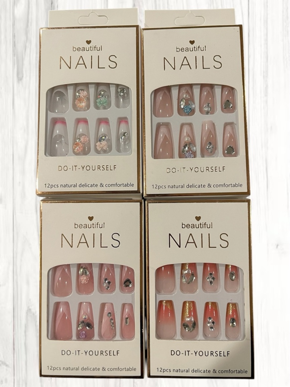 🪷 4 Sets Beautiful NAILS Press-On Nail Art Accent Sets - Pink & Natural Mix